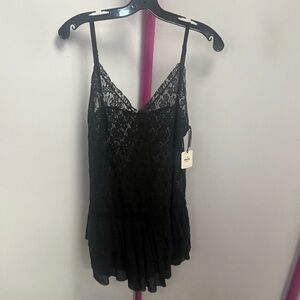 Black Lace Spaghetti-Strap Slip Dress with Ruffle Hem
